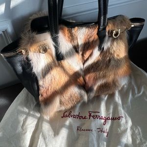 Large fox fur Salvatore Ferragamo handbag tote